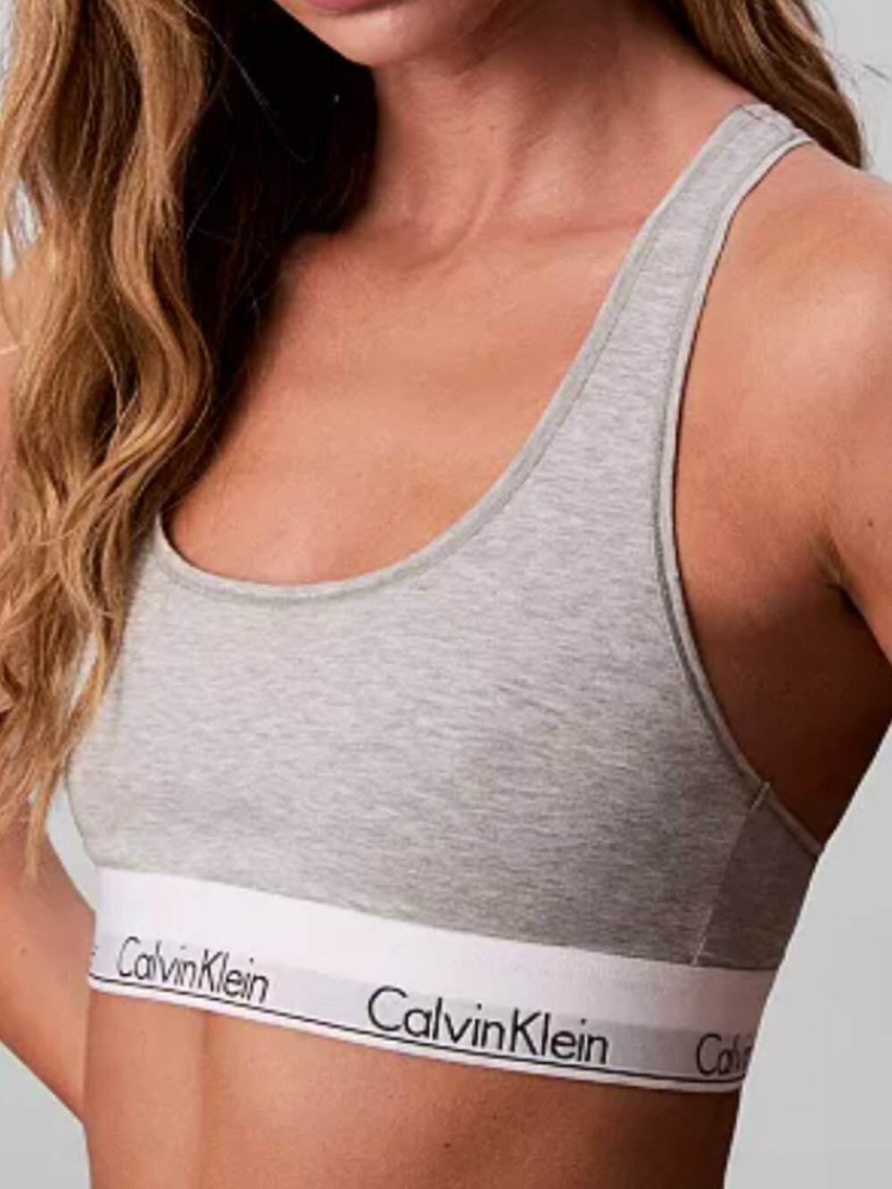Calvin Klein Grey Racerback Cotton-Blend Bralette with White Logo Band